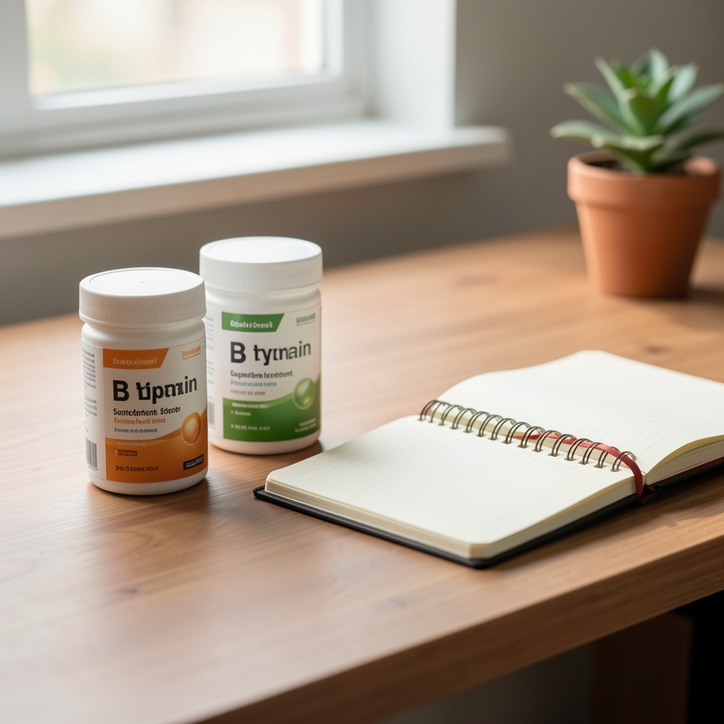 B vitamin supplement containers and a small notebook open on a desk, morning editorial composition