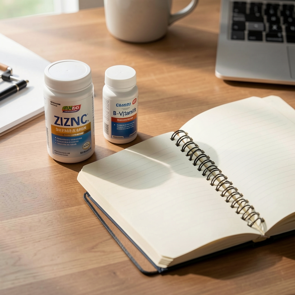 Zinc, B-vitamin supplement containers and a notebook open on a desk, soft morning light, flat lay editorial style
